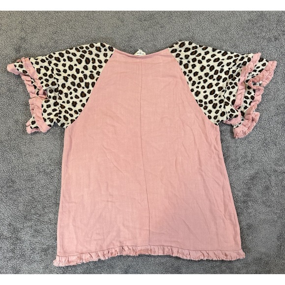 Umgee Women's M Linen Blend Pink Leopard High Low Frayed Hem Top Boho Lagen Look - Picture 9 of 9